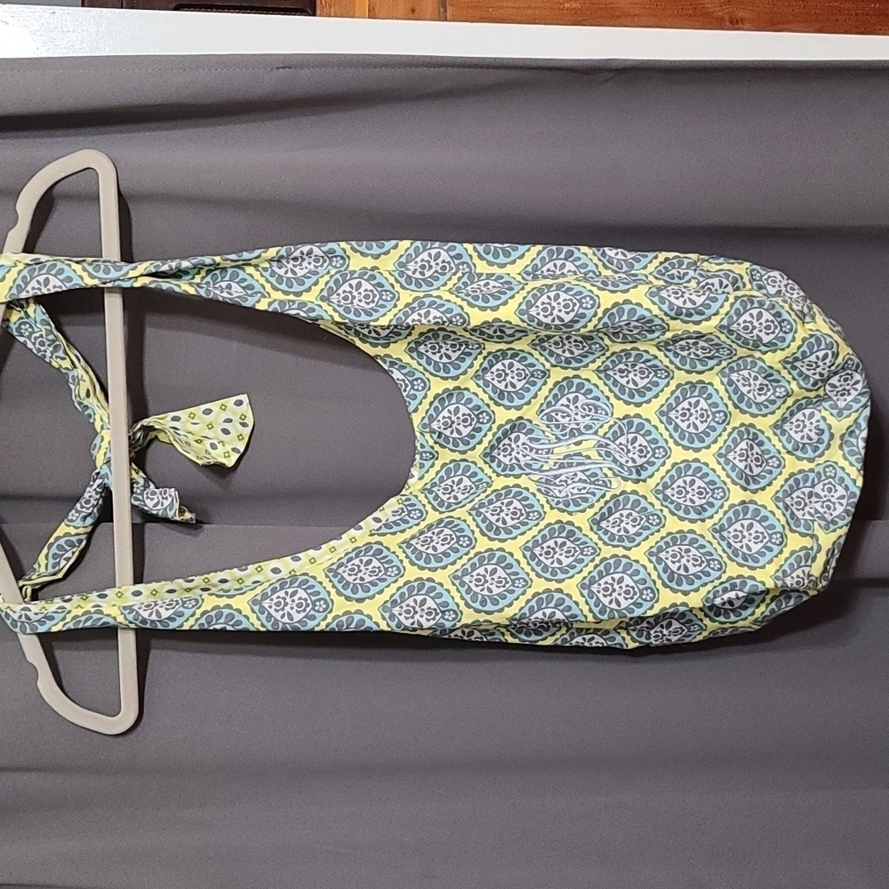 Fabric Tote Grocery Bag Beach Books‎ Aqua Grat Chartreuse 14x16" MONOGRAMMED EUC
